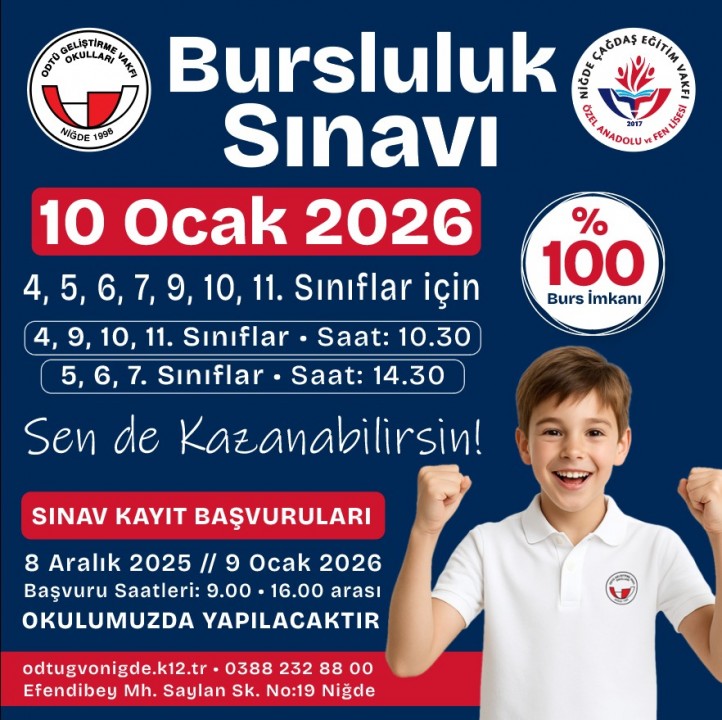 (Bursluluk Sınavı 2026)   ODTÜ Geliştirme Vakfı Özel Niğde Ortaokulu, NİÇEV Özel Fen ve Anadolu Liselerinde 2026-2027 Eğitim Öğretim yılında okuyacak öğrencilere uygulanacak olan Bursluluk Sınavı